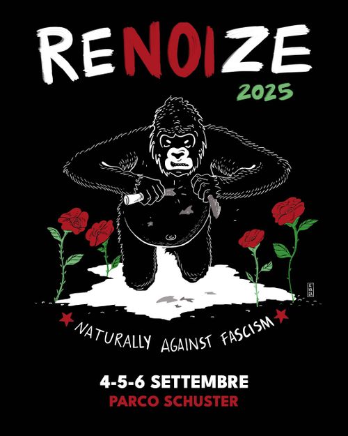 Locandina del festival di RENOIZE 2015 con il disegno di uno scimpanzé che rompe un machete.
La scritta Naturally against fascism.
4-5-6 settembre, parco schuster