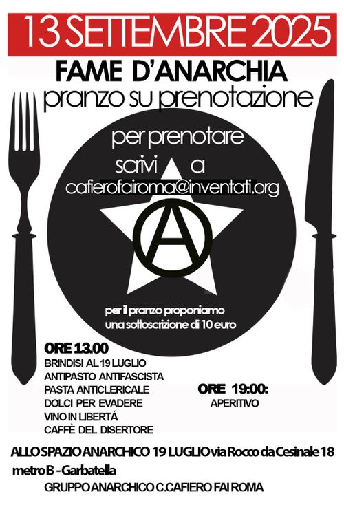 FAME D’ANARCHIA Pranzo su prenotazione e aperitivo solidale