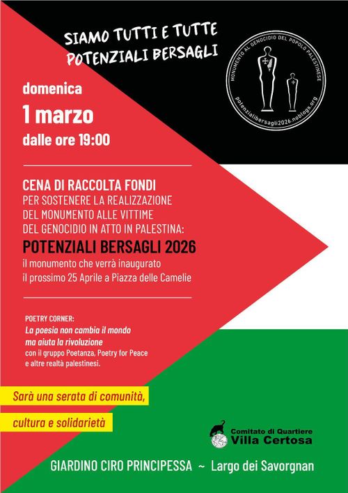 Cena di finanziamento per il monumento Potenziali Bersagli 2026  dedicato al GENOCIDIO in PALESTINA 